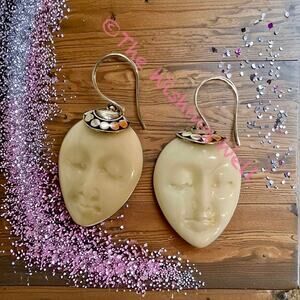 Resin Carved Goddess Face Sterling 925 Earrings